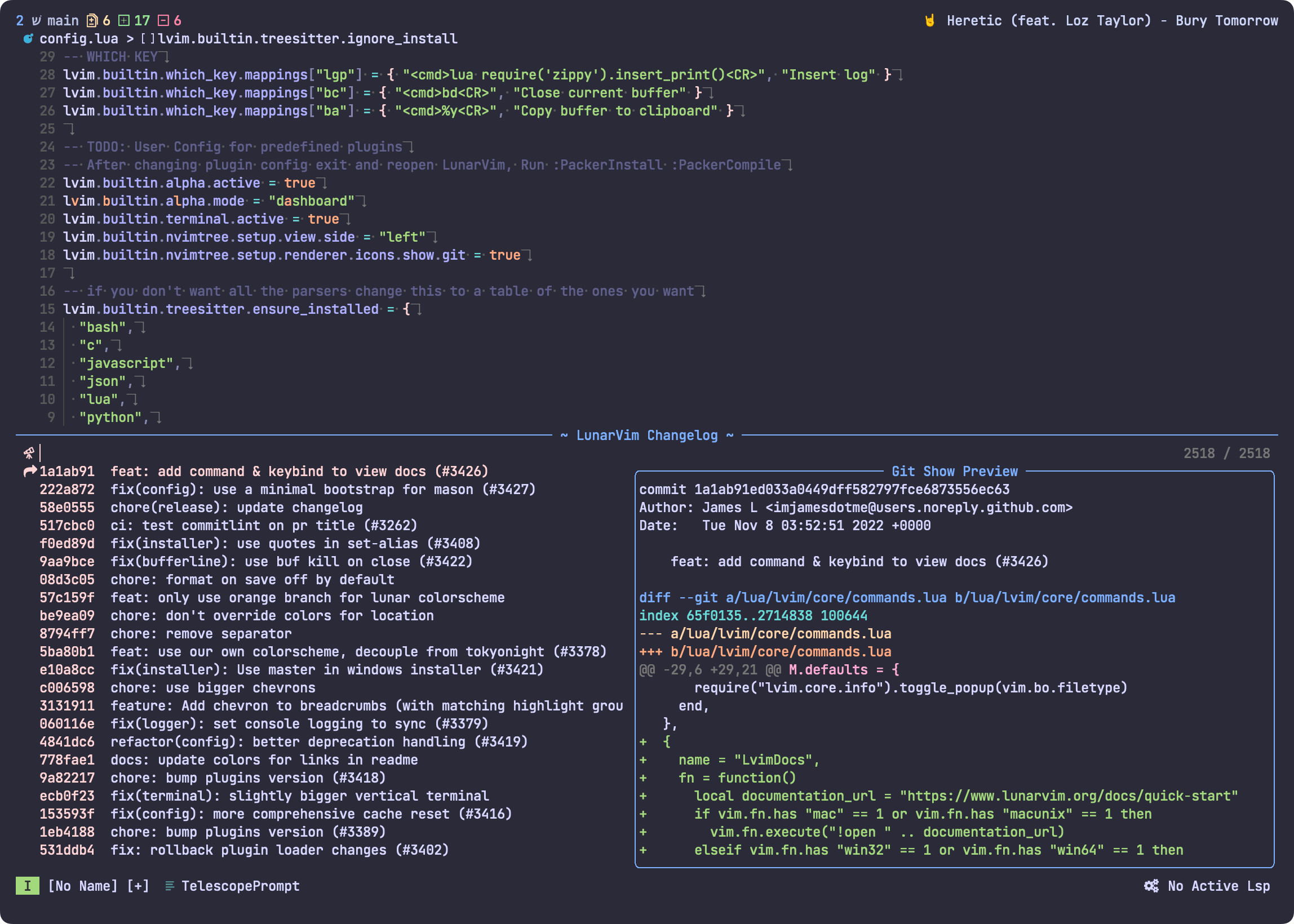 Screenshot of Lunarvim with the changelog showing